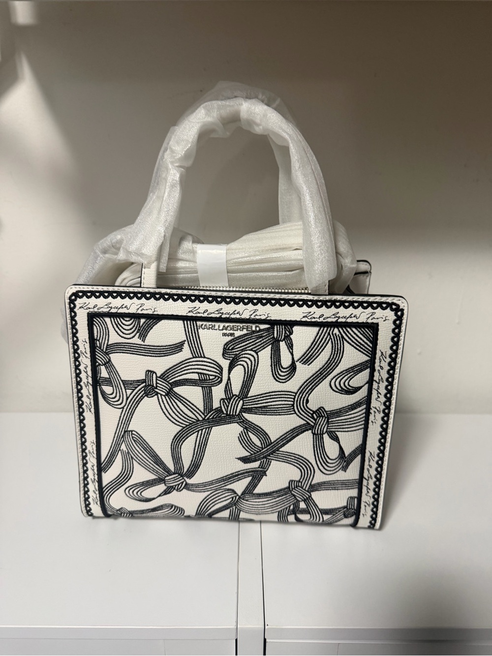 Karl Lagerfeld Black & White Ribbon Print Tote